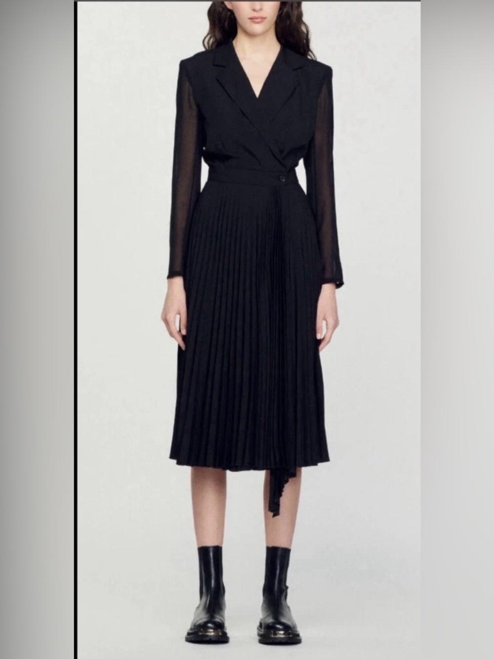 Sandro Paris Black Pleated Midi Dress | Dual Material | US 2 | Elegant - Picture 5 of 16